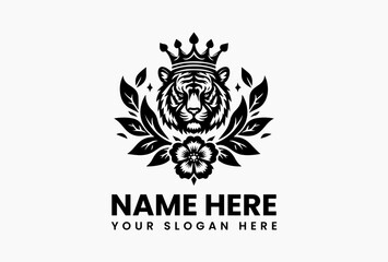 Tiger head wearing a crown of roses and thorns, royal vector emblem for luxury fashion and combat sports  
