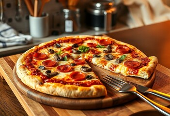 A warm and inviting kitchen scene with a classic New York-Style pizza