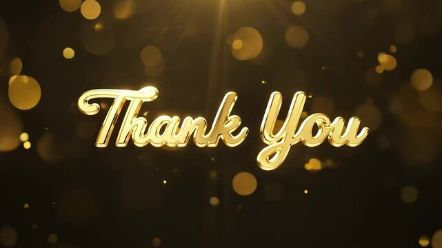 Golden Thank You text animation with bokeh particles on black perfect for closing videos.