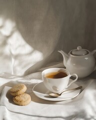Fototapeta premium Enjoying a moment of tranquility with English breakfast tea and biscuits in natural light, accompanied by a vintage spoon and teapot