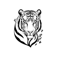 Stylized Black and White Tiger Illustration with Delicate Botanical Accents