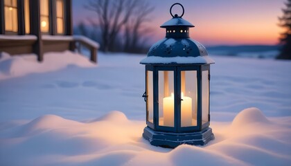 A charming winter scene shows a lantern with candles illuminating a snowy landscape at dusk.