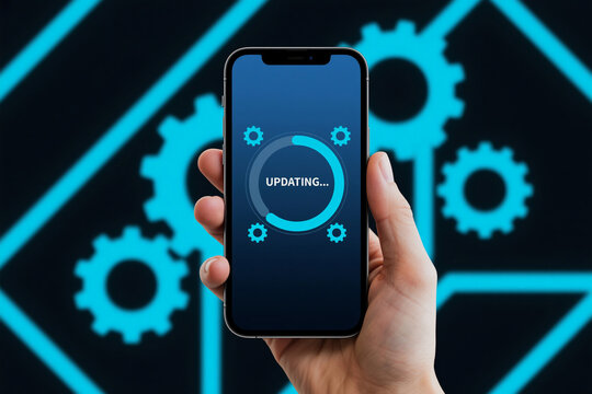 A hand holding a smartphone with updating screen in front of a technological gear background