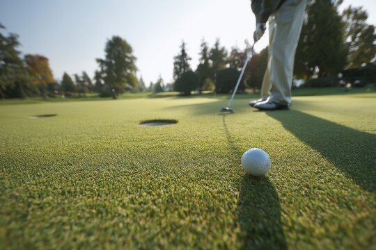 Close-up of a golf ball on the putting green as the golfer prepares to putt the ball.