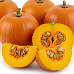 A group of whole and sliced pumpkins displaying seeds and orange flesh on a white background stage
