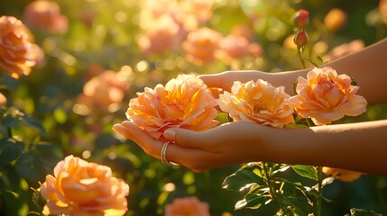Gentle hands holding delicate peach roses in a garden bathed in sunlight