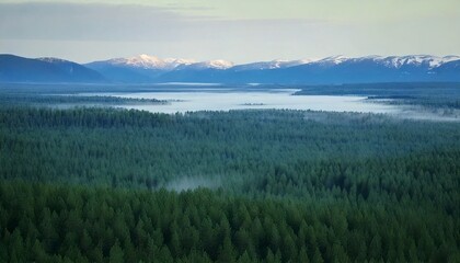 Fototapeta premium uN amanecer, revelando una impresionante vista de la niebla que se arremolina entre imponentes y densos bosques de pinos y distantes y majestuosas montañas nevadas. 
