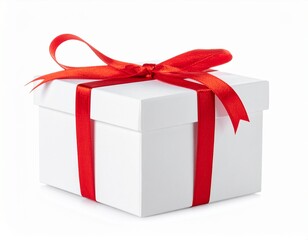 White gift box tied with bright red ribbon and bow, isolated on white background.