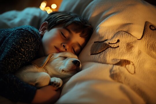 Heartwarming moment as a young boy cuddles with his puppy on a soft pillow in a cozy and tranquil setting, exuding warmth and love
