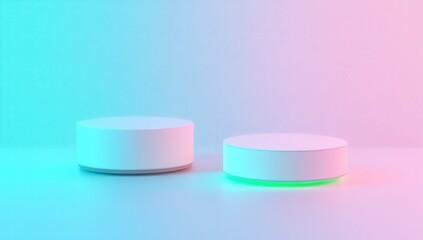 Two white cylindrical podiums lit by vibrant neon colors