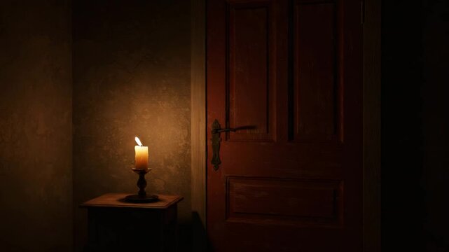 creepy empty room with a red door and a candle