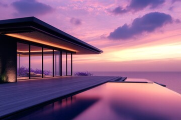 Obraz premium Modern house with pool overlooking a vibrant sunset.