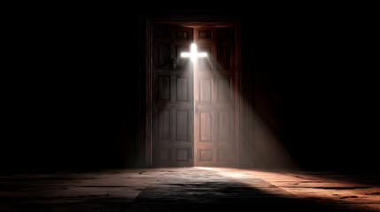 Divine radiance beaming through an open door marked by a luminous cross in stark contrast