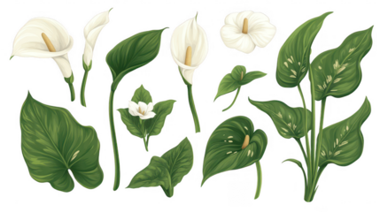 Elegant botanical illustration of white calla lilies and lush green foliage