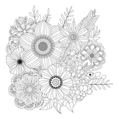 Detailed floral arrangement black and white illustration