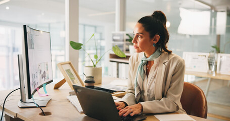 Typing, computer or research with businesswoman in office for news editor, article reporter or fact...