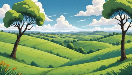 Fototapeta premium Scenic view of rolling green hills with trees under a bright blue sky with fluffy clouds.