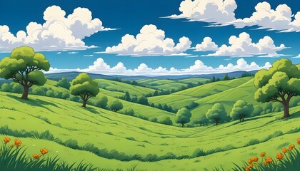 Fototapeta premium A lush and vibrant illustration of rolling green hills under a bright blue sky.