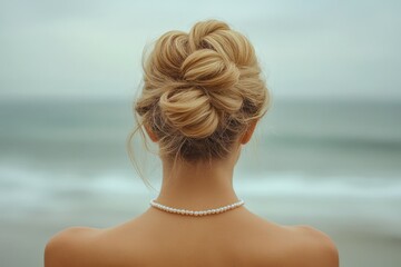 Woman with updo and pearl necklace, overlooking the ocean