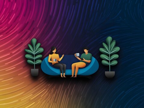 Cozy Conversation: Two friends enjoy a relaxed conversation on a comfortable couch, surrounded by potted plants against a vibrant abstract background.