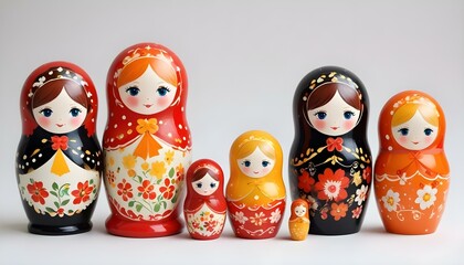 A delightful display of vibrant and colorfully painted Russian nesting dolls on display.