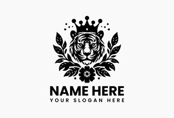 Polygonal tiger with crown of geometric lotus flowers, modern vector logo for Asian-inspired brands