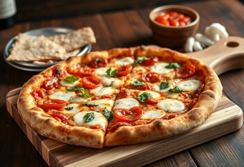 A classic New York-Style pizza with a crispy crust, melted mozzarella cheese, and fresh toppings on a wooden cutting board.