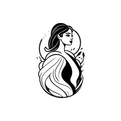 Elegant monochromatic illustration of a woman with flowing hair and floral design