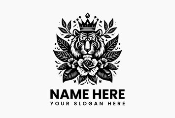 Tiger with tribal markings and floral crown, bold vector logo for tattoo parlors and alehouses