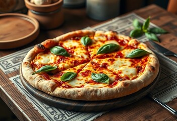 A warm and inviting Quattro Formaggi pizza on a rustic wooden table