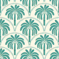Seamless palm tree pattern featuring tropical botanical elements. This design is perfect for summer.	