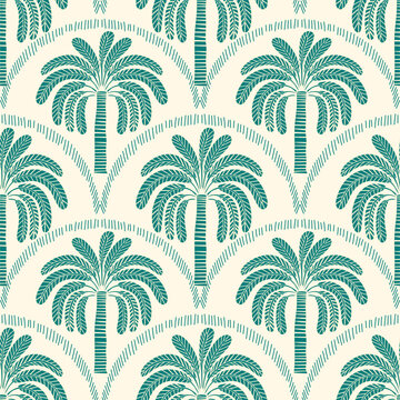 Seamless palm tree pattern featuring tropical botanical elements. This design is perfect for summer.	