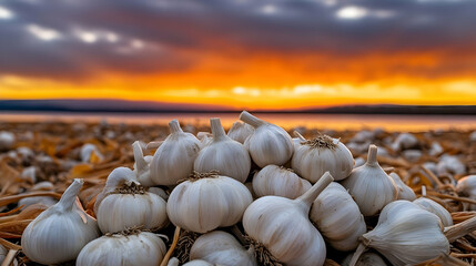 Golden hour harvests: Fresh garlic bulbs gathered on a rural farmland scape