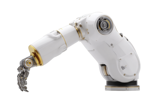 Advanced robotic arm technology white gold design 3d on transparent background