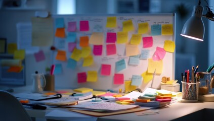 Naklejka premium Organize Desk with Colorful Notes, Stationeries & Papers, Maintain Productive Flow with Desk Lamp Workspace