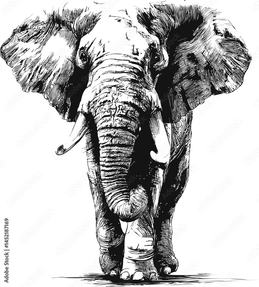 Poster detailed black and white sketch of an elephant standing with a conceptual design. vector illustratio