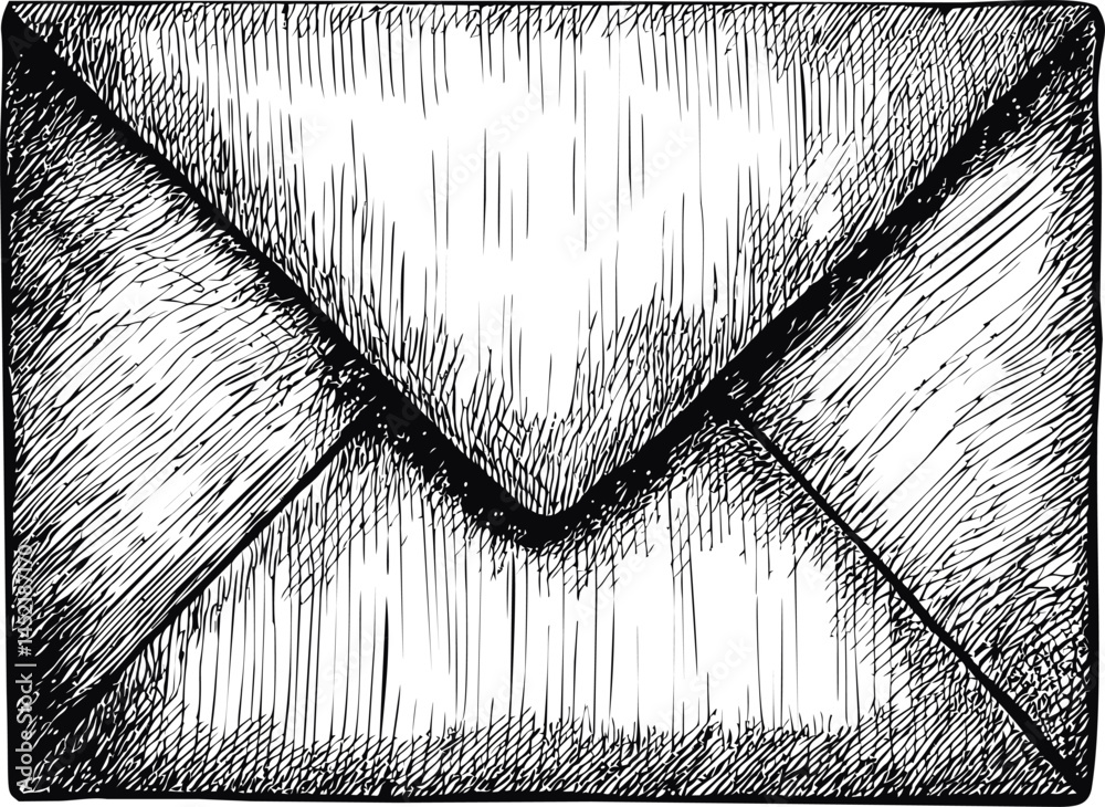 Poster detailed black and white sketch of a sealed envelope with crosshatch shading. vector illustration.