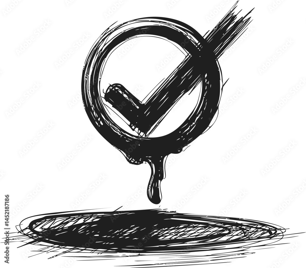 Poster artistic dripping check mark in black ink with rough brush strokes. vector illustration.