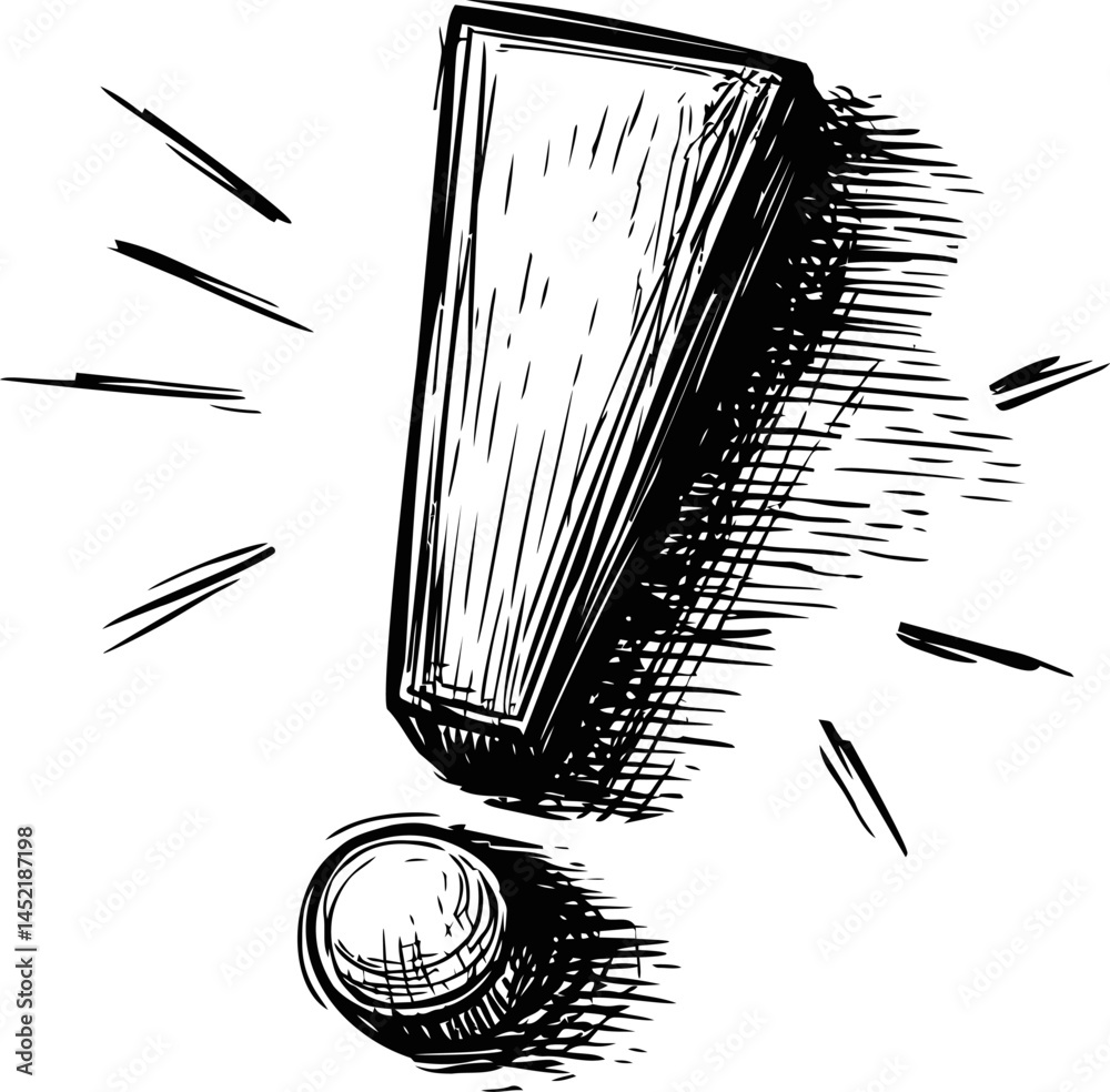 Poster Ink sketch of bold exclamation mark with dynamic lines. Vector illustration.