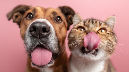 A dog and a cat eagerly lick their lips, showcasing their excitement for food. Their bright expressions reflect a lighthearted moment in a playful environment with a colorful background