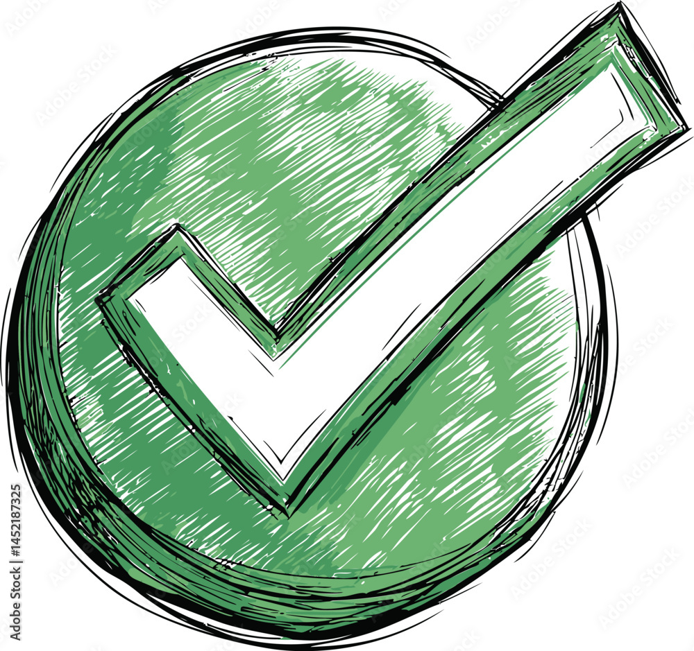 Poster green sketched tick mark in a circle symbolizing approval or correctness. vector illustration.