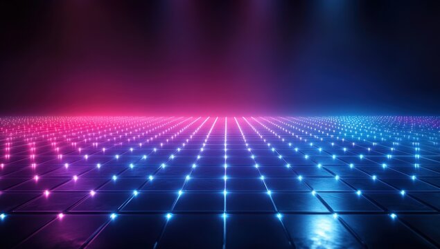 Abstract neon grid floor, vibrant lighting