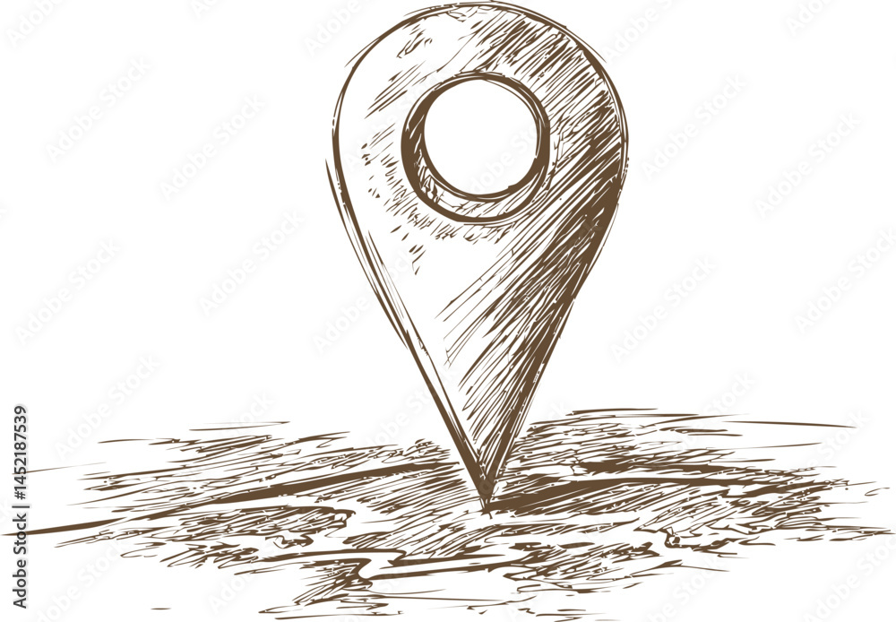 Aufkleber sketch of a map location pin on textured surface, hand-drawn illustration. vector illustration.
