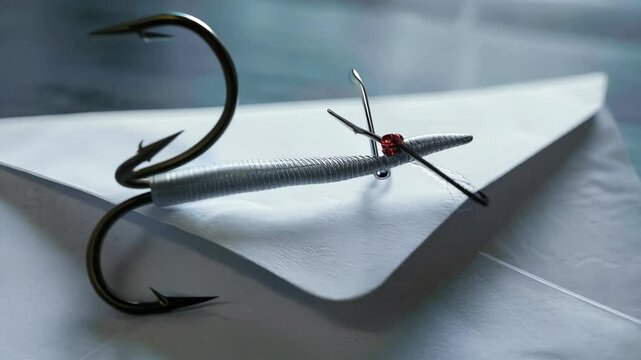 A unique still life image featuring a fishing hook on a white envelope, symbolizing attention and intrigue in communication. The contrast enhances visual impact.
