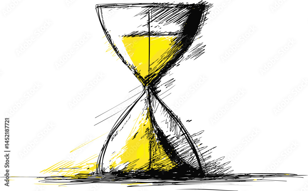 Poster sketch of a yellow hourglass sand timer with abstract artistic style. vector illustration.