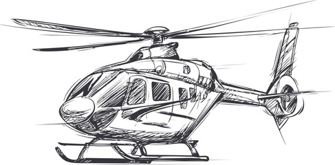 Detailed sketch of a helicopter with spinning rotors in black and white. Vector illustration.