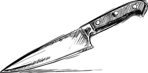 Black and white sketch of a detailed chef's knife illustration. Vector illustration.