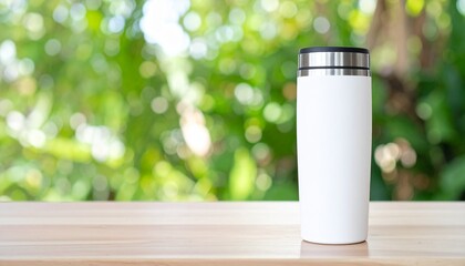 White stainless steel travel mug with silver lid placed on a light wooden surface, with a background of green leaves and hazy sunlight.