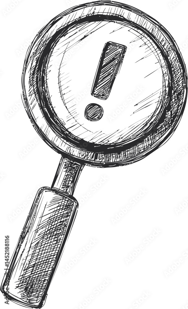 Poster sketch of magnifying glass with exclamation mark inside for attention concept. vector illustration.