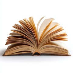 Open Book Pages Fanning Out Widely on White Background Showing Aged Paper Texture and Knowledge Concept